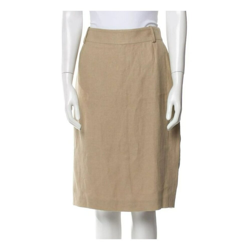 Versace Tan Linen Silk Lined Skirt US 12 IT 46 Patch Pockets Slim‎